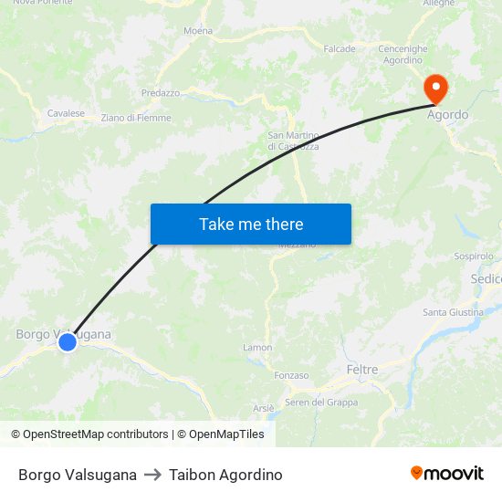 Borgo Valsugana to Taibon Agordino map