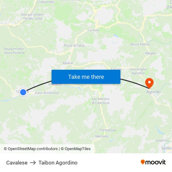 Cavalese to Taibon Agordino map