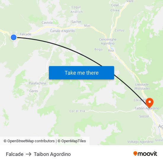Falcade to Taibon Agordino map
