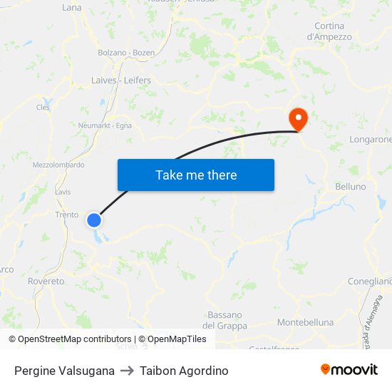 Pergine Valsugana to Taibon Agordino map