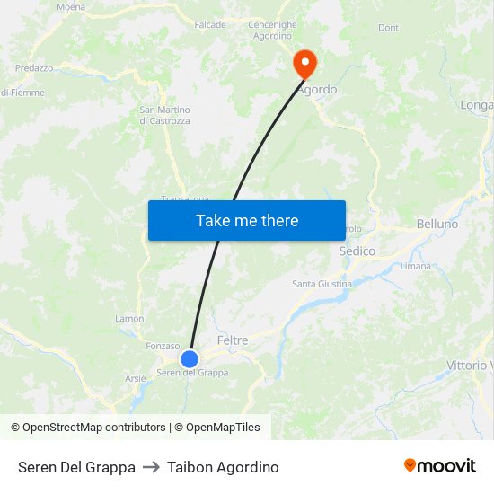 Seren Del Grappa to Taibon Agordino map