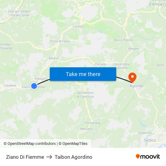 Ziano Di Fiemme to Taibon Agordino map