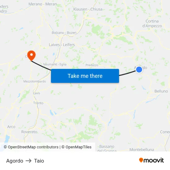 Agordo to Taio map