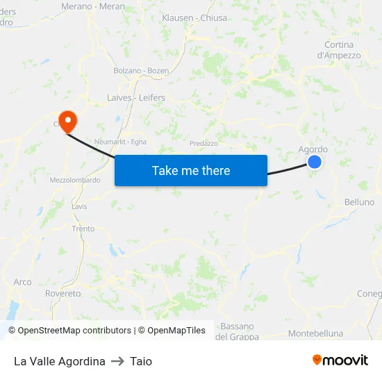 La Valle Agordina to Taio map