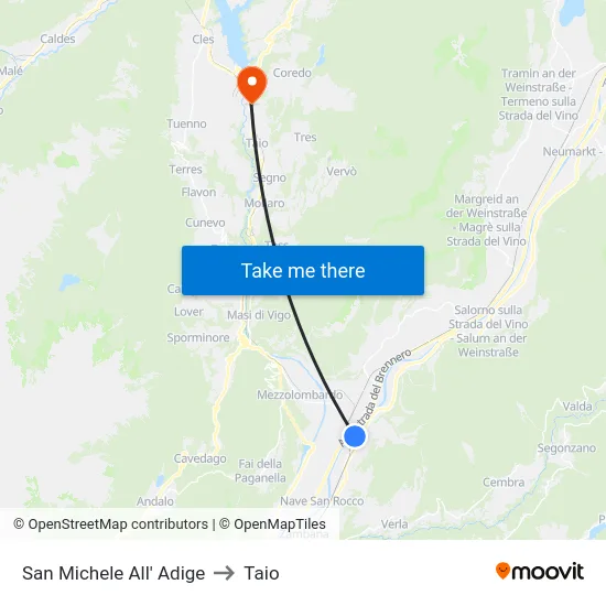 San Michele All' Adige to Taio map