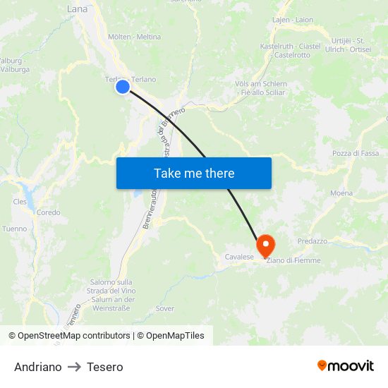 Andriano to Tesero map