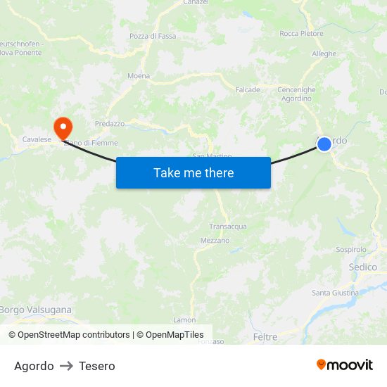 Agordo to Tesero map