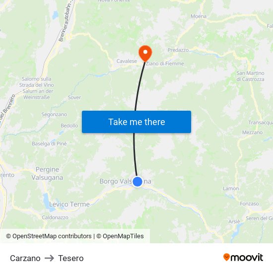 Carzano to Tesero map