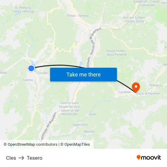 Cles to Tesero map