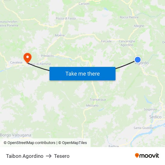 Taibon Agordino to Tesero map