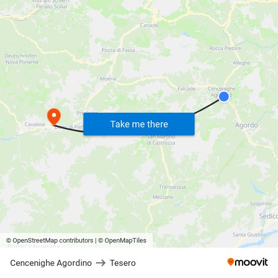 Cencenighe Agordino to Tesero map