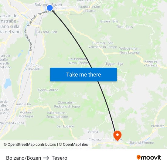 Bolzano/Bozen to Tesero map