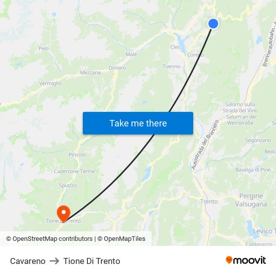 Cavareno to Tione Di Trento map