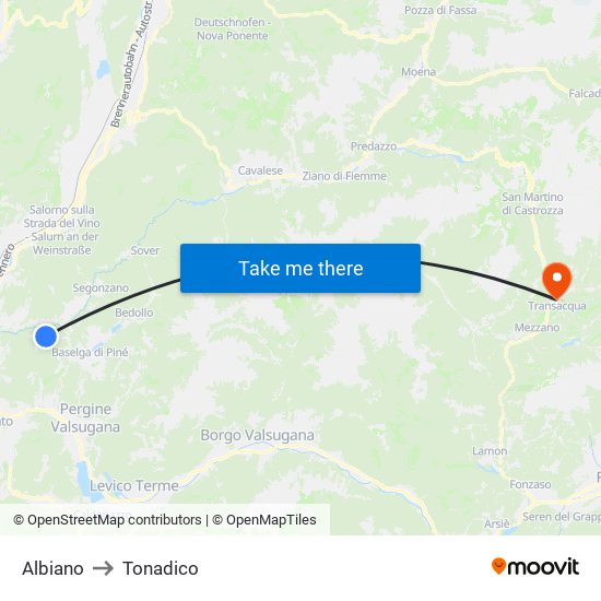 Albiano to Tonadico map