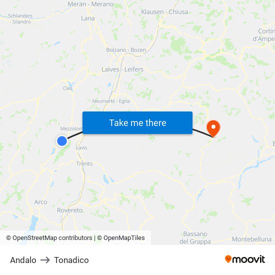 Andalo to Tonadico map