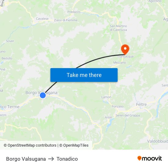 Borgo Valsugana to Tonadico map