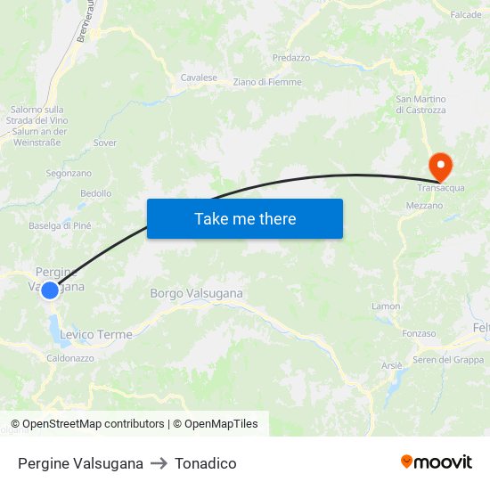 Pergine Valsugana to Tonadico map