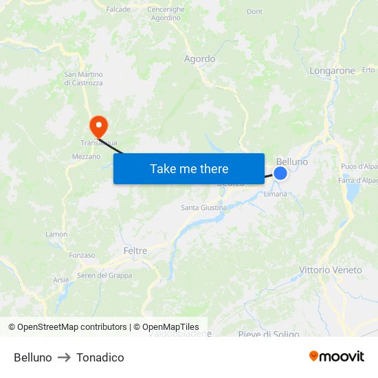 Belluno to Tonadico map