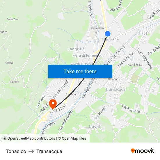 Tonadico to Transacqua map