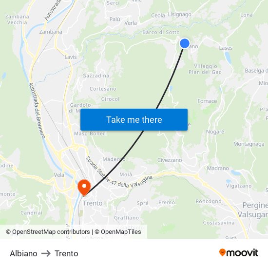 Albiano to Trento map