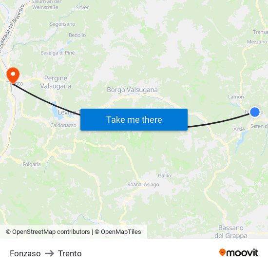 Fonzaso to Trento map
