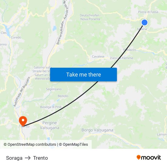 Soraga to Trento map