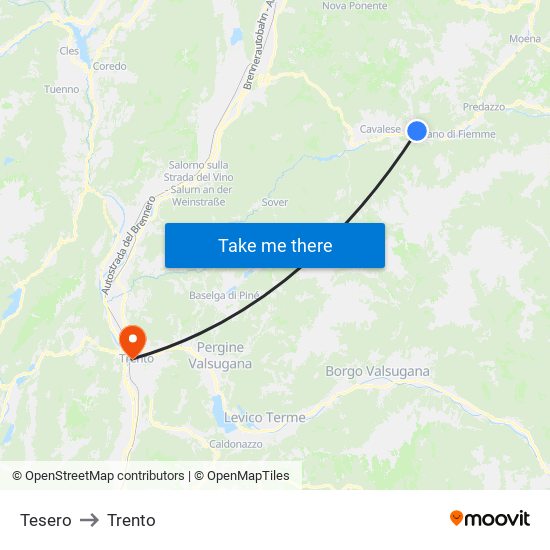 Tesero to Trento map