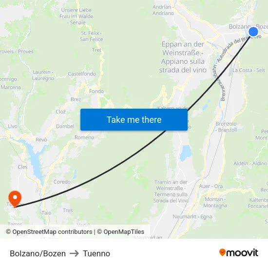 Bolzano/Bozen to Tuenno map