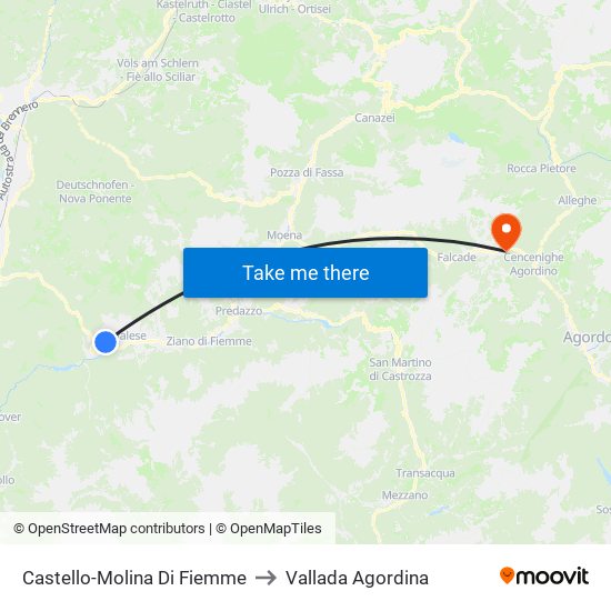 Castello-Molina Di Fiemme to Vallada Agordina map