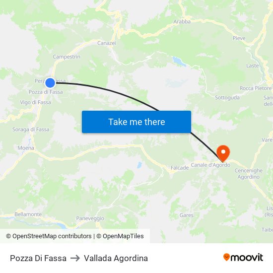 Pozza Di Fassa to Vallada Agordina map