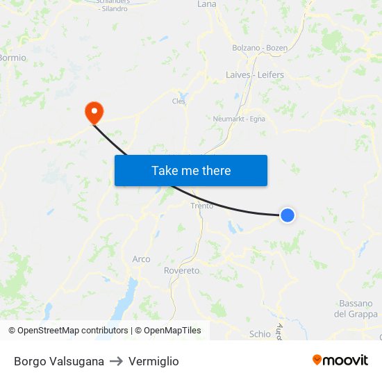 Borgo Valsugana to Vermiglio map