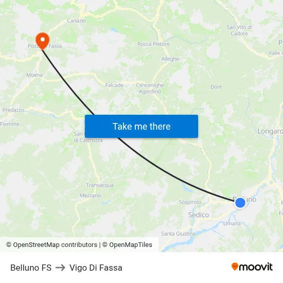 Belluno Station to Vigo Di Fassa map