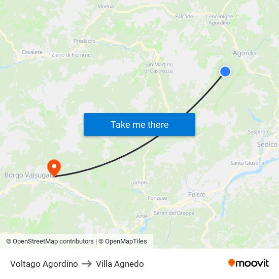 Voltago Agordino to Villa Agnedo map