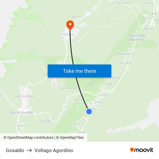 Gosaldo to Voltago Agordino map