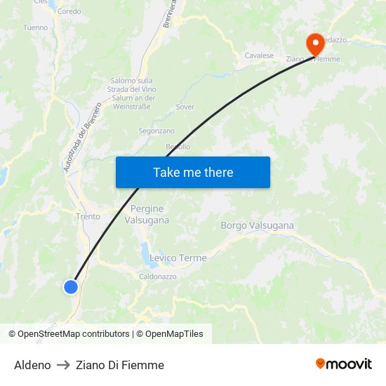 Aldeno to Ziano Di Fiemme map