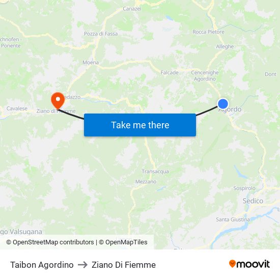 Taibon Agordino to Ziano Di Fiemme map