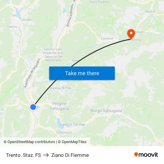 Trento. Staz. FS to Ziano Di Fiemme map