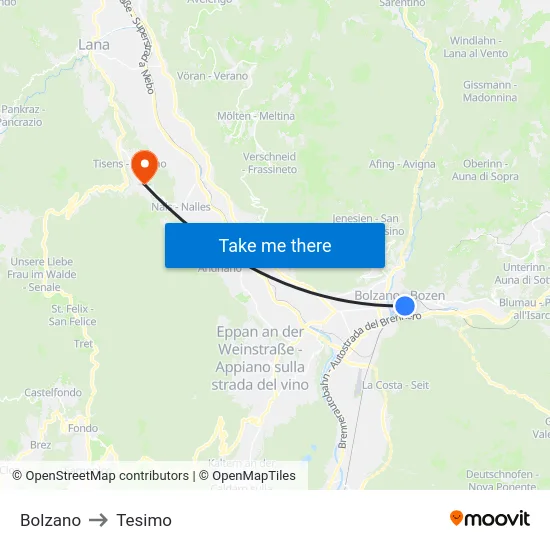 Bolzano to Tesimo map