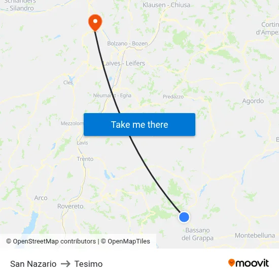 San Nazario to Tesimo map