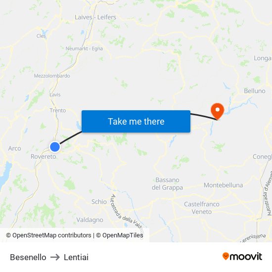Besenello to Lentiai map