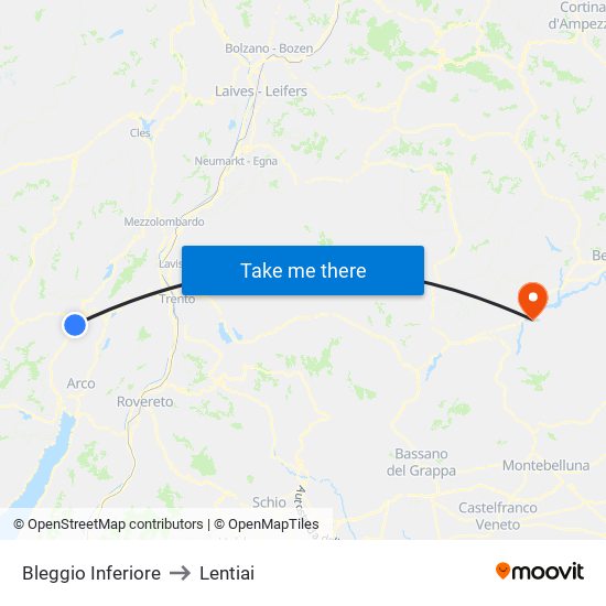 Bleggio Inferiore to Lentiai map