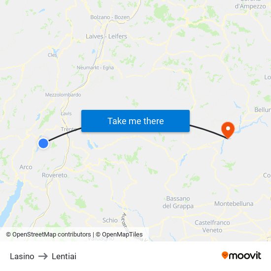 Lasino to Lentiai map