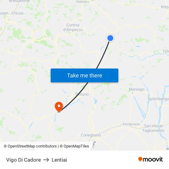 Vigo Di Cadore to Lentiai map