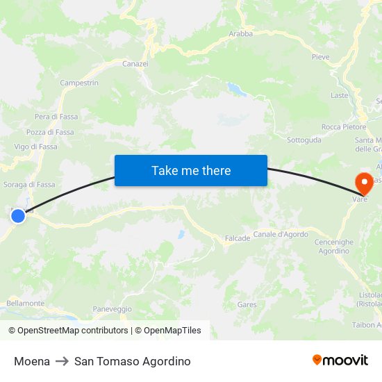 Moena to San Tomaso Agordino map