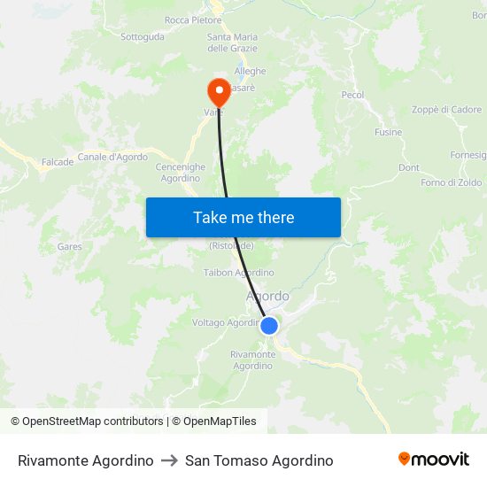 Rivamonte Agordino to San Tomaso Agordino map