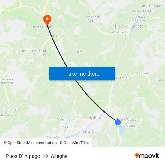 Puos d'Alpago to Alleghe map