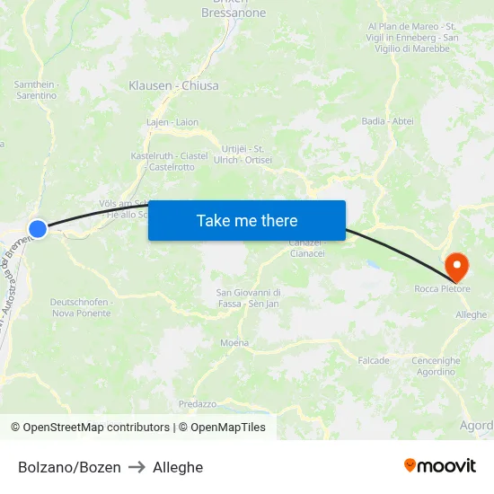 Bolzano/Bozen to Alleghe map