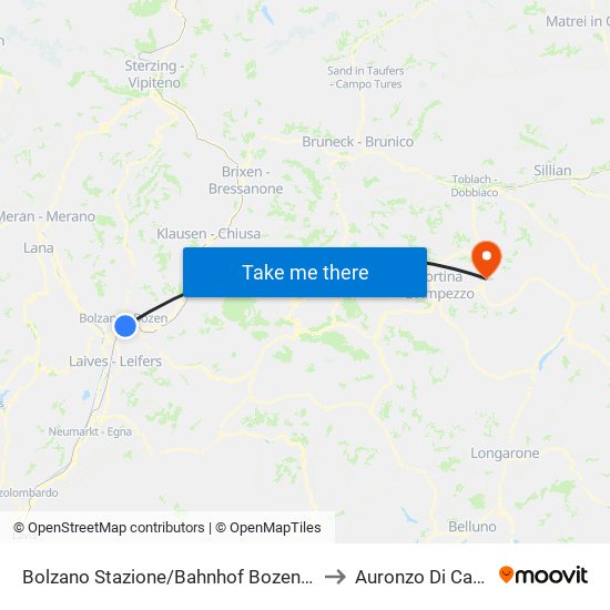 Bolzano Stazione/Bahnhof Bozen (Est A) to Auronzo Di Cadore map