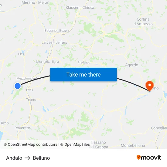 Andalo to Belluno map