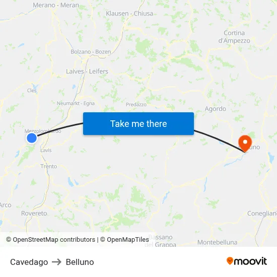 Cavedago to Belluno map